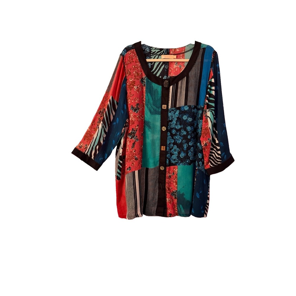 La Cera Floral Patchwork Button Up Top L Oversized Tunic Lagenlook Hippie Artsy